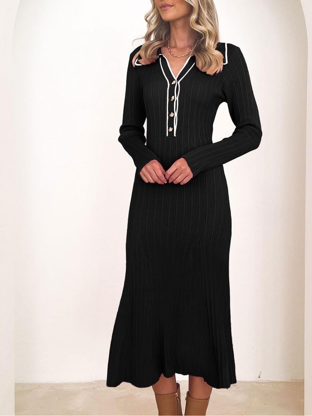 Black Ribbed Knit Long Sleeve Midi Dress with Contrast Trim